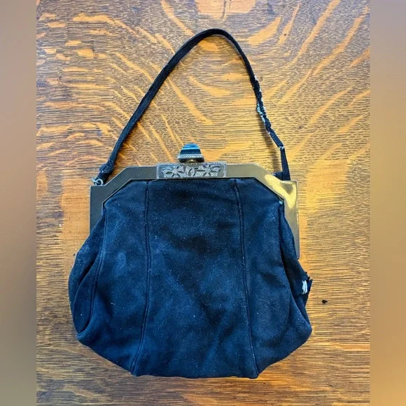 1920-1930 Vintage French Art Deco Black Purse Bag Jane Saltati Metal w/ Stones - Picture 3 of 12